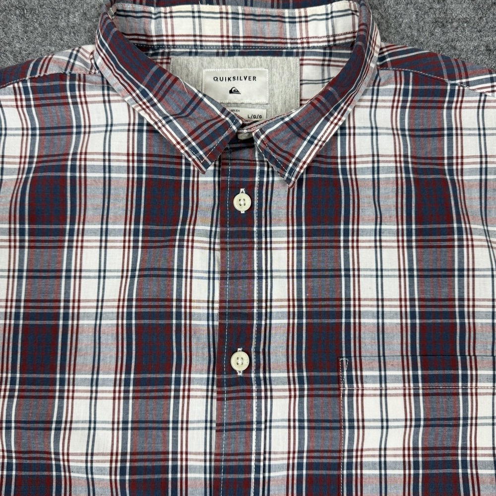 Quiksilver Mens L Regular Fit Blue Red Plaid Cotton Blend Short Sleeve Button Up